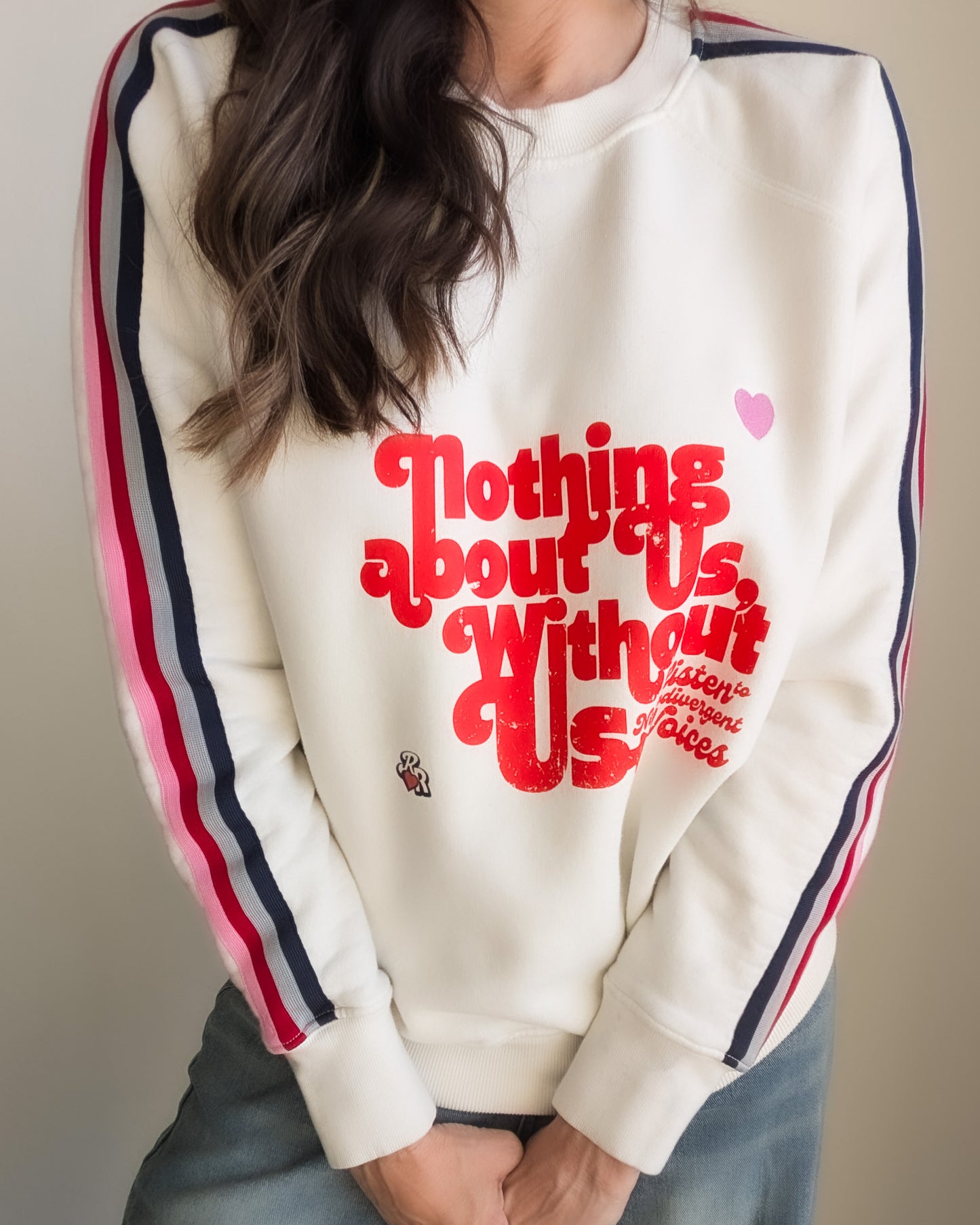 Nothing About Us, Without Us - Listen to Neurodivergent Voices - Women's Striped Ribbing Sweatshirt (S) - Repurposed Rebels