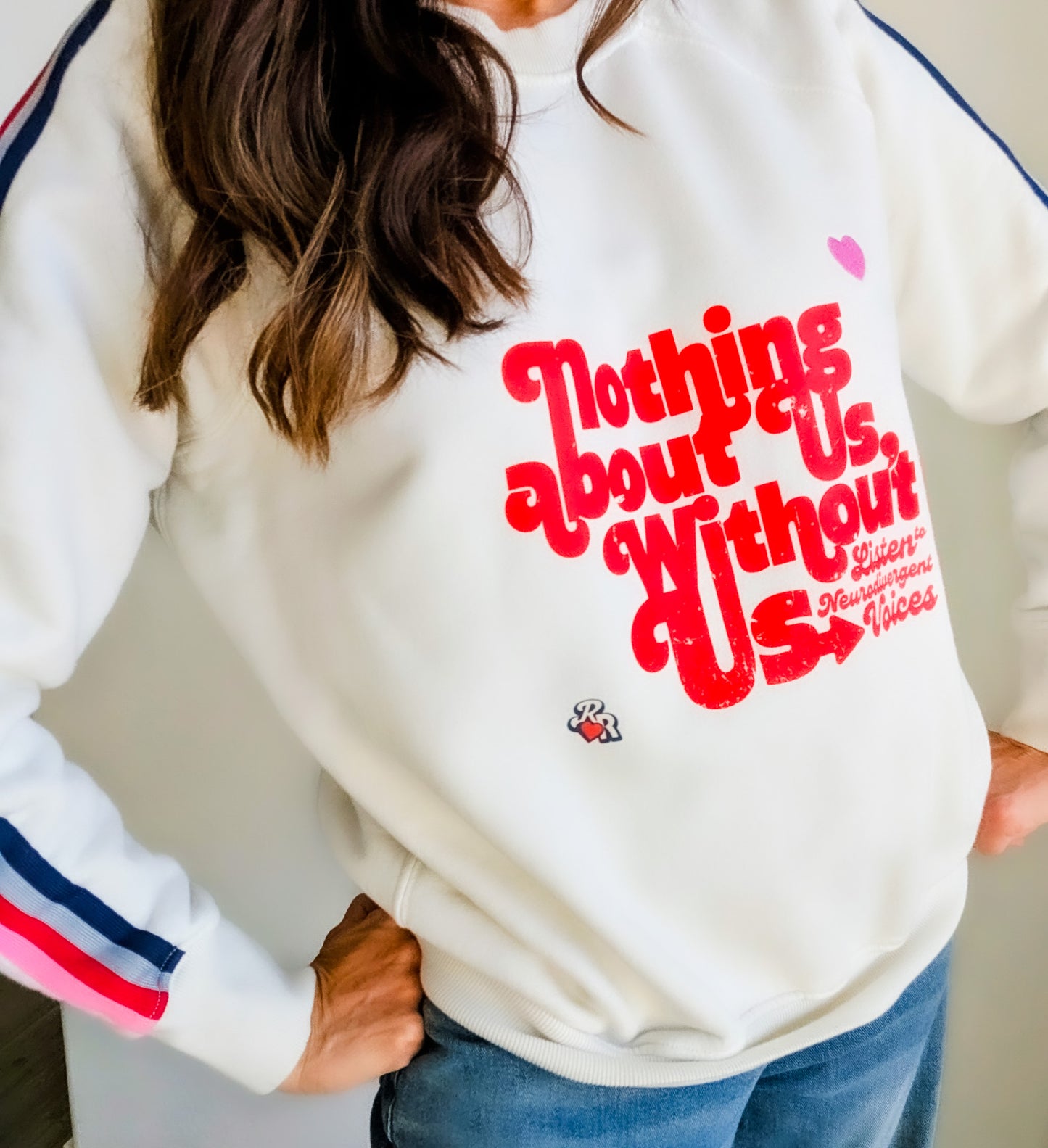 Nothing About Us, Without Us - Listen to Neurodivergent Voices - Women's Striped Ribbing Sweatshirt (S) - Repurposed Rebels