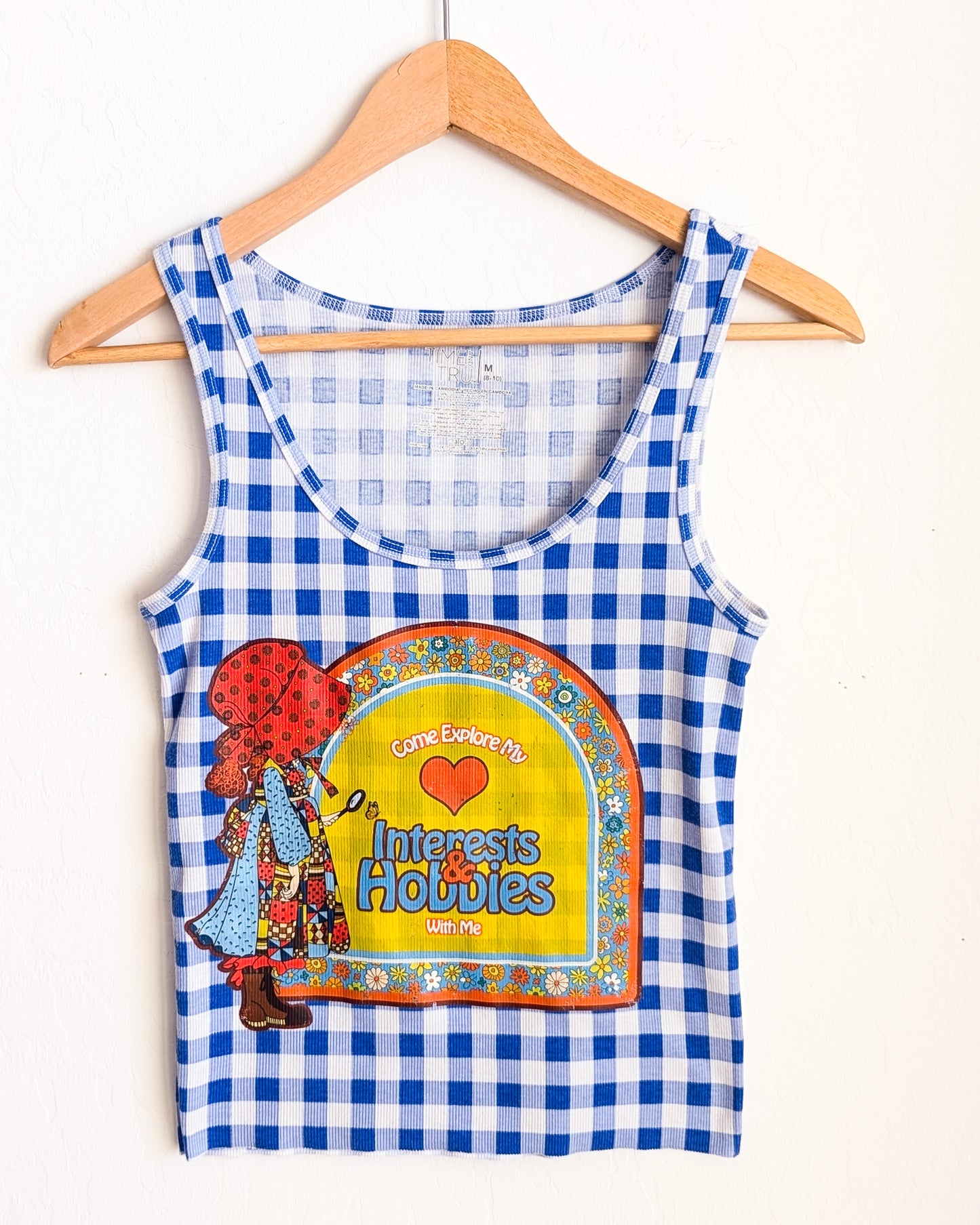 Come Explore My Hobbies & Interests With Me - Women's Gingham Ribbed Fitted & Cropped Tank Top (M) - Repurposed Rebels