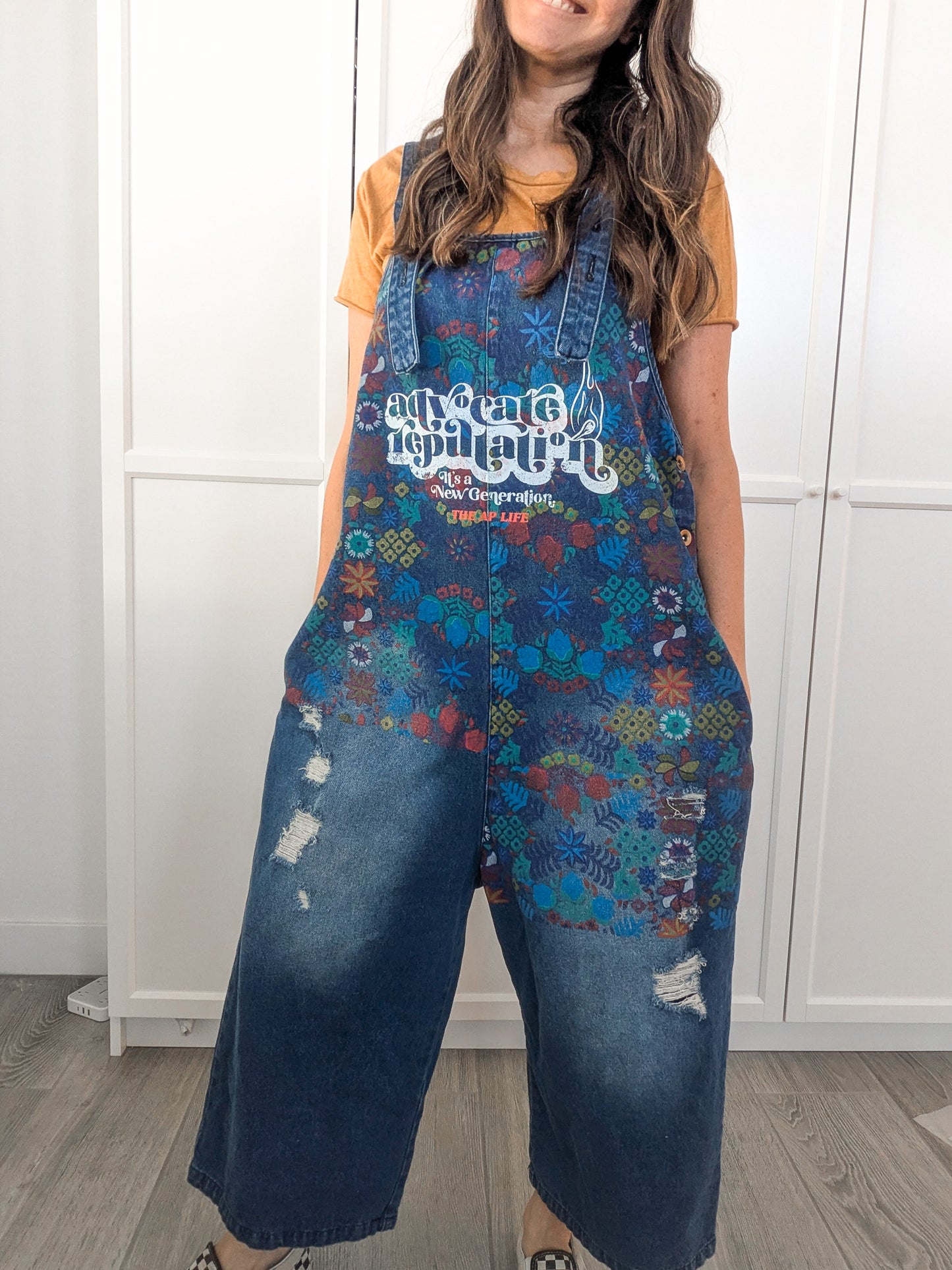 Advocate Reputation - It's a New Generation - Women's Painted Overalls/Denim Romper (M) - Repurposed Rebels