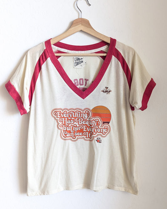 Everything Has Beauty/Come Together - Women's V-Neck Ringer Tee (XL) - Repurposed Rebels