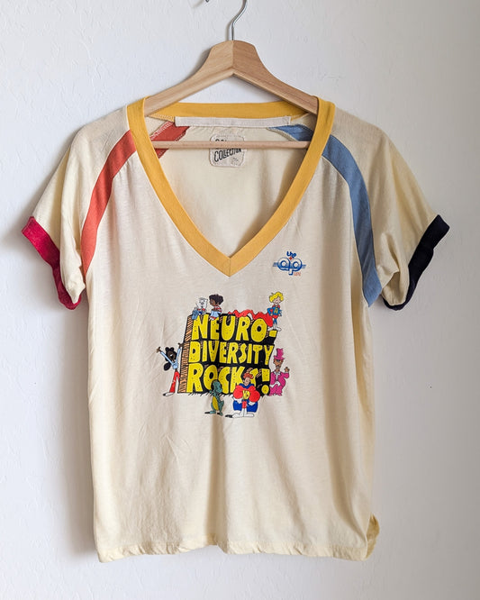 Neurodiversity Rocks - School House - Women's V-Neck Ringer Tee (L) - Repurposed Rebels