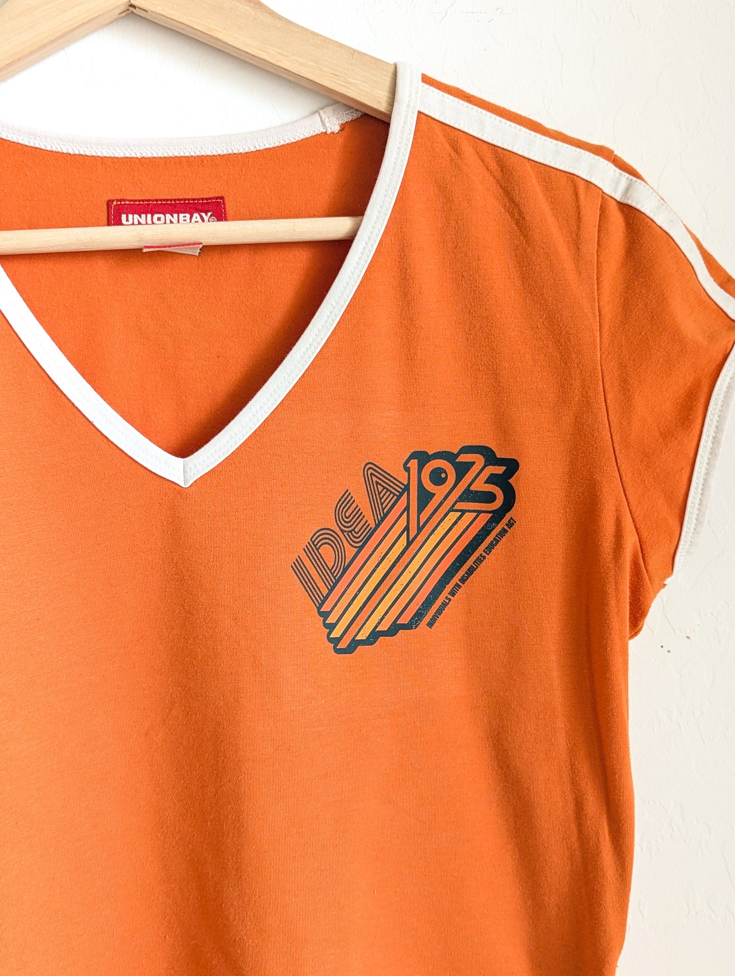 1975 IDEA - Individuals with Disabilities Education Act - Women's Fitted V-Neck Fitted Baby Tee (L) - Repurposed Rebels