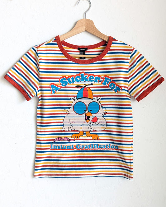 A Sucker for Instant Gratification - Women's Fitted Striped Ringer Tee (M) - Repurposed Rebels