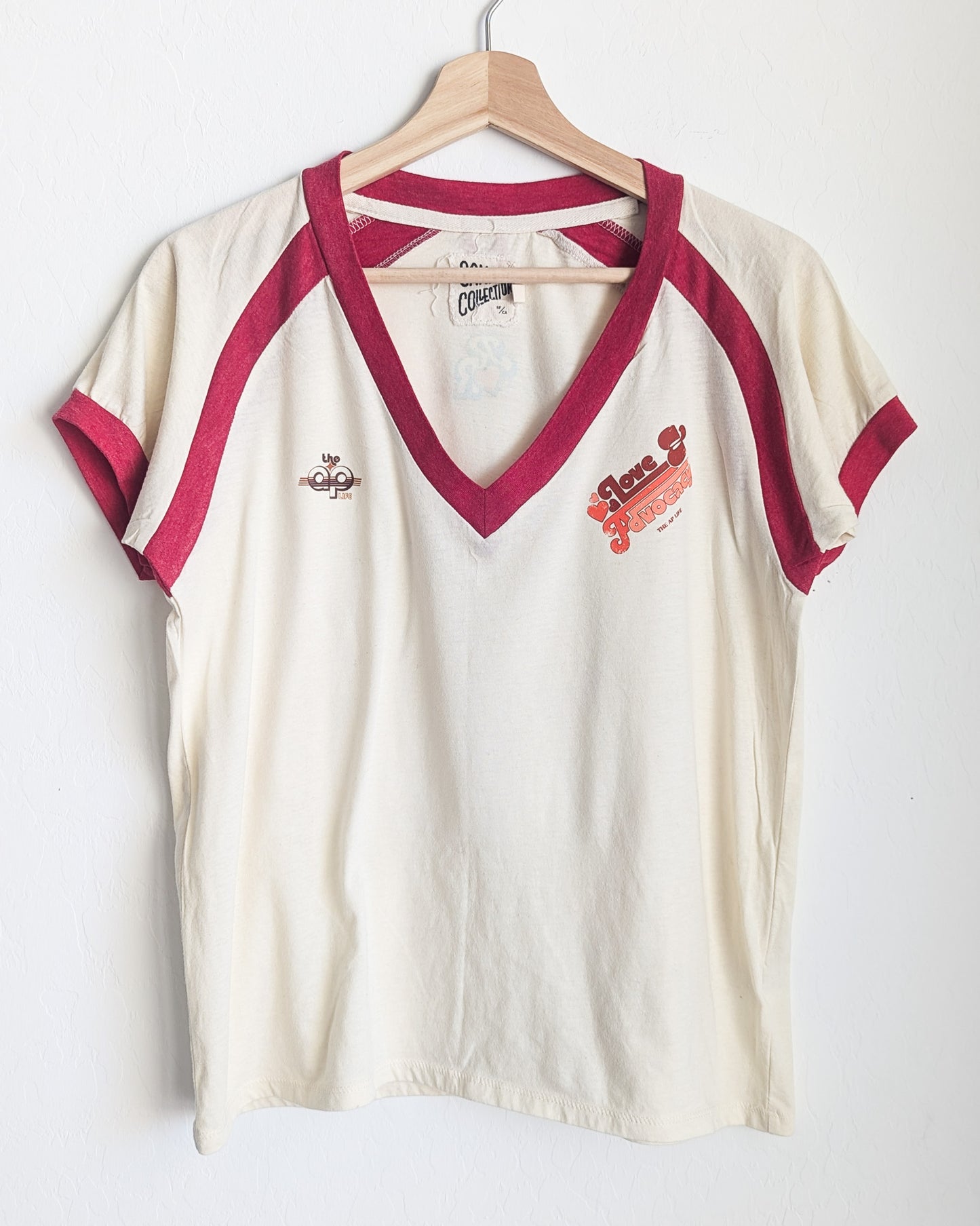 Love & Advocacy - Women's V-Neck Ringer Tee (L) - Repurposed Rebels