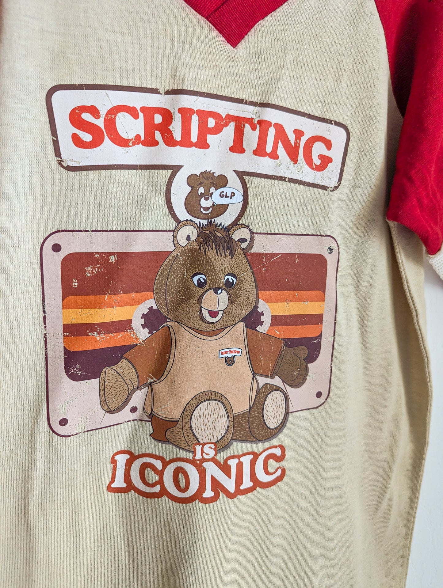 Scripting is Iconic - GLP - Adult Unisex VTG Beige & Red Jersey V-Neck Tee (S) - Repurposed Rebels
