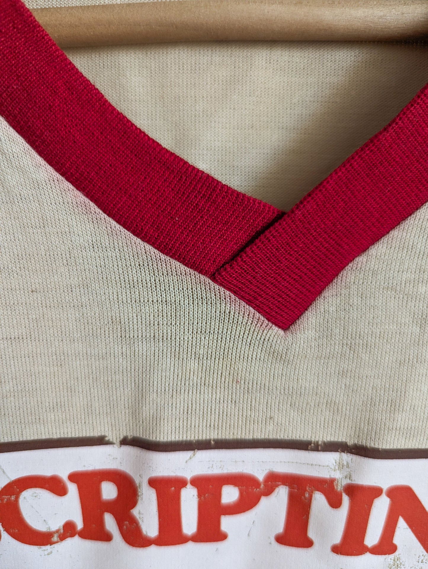 Scripting is Iconic - GLP - Adult Unisex VTG Beige & Red Jersey V-Neck Tee (S) - Repurposed Rebels