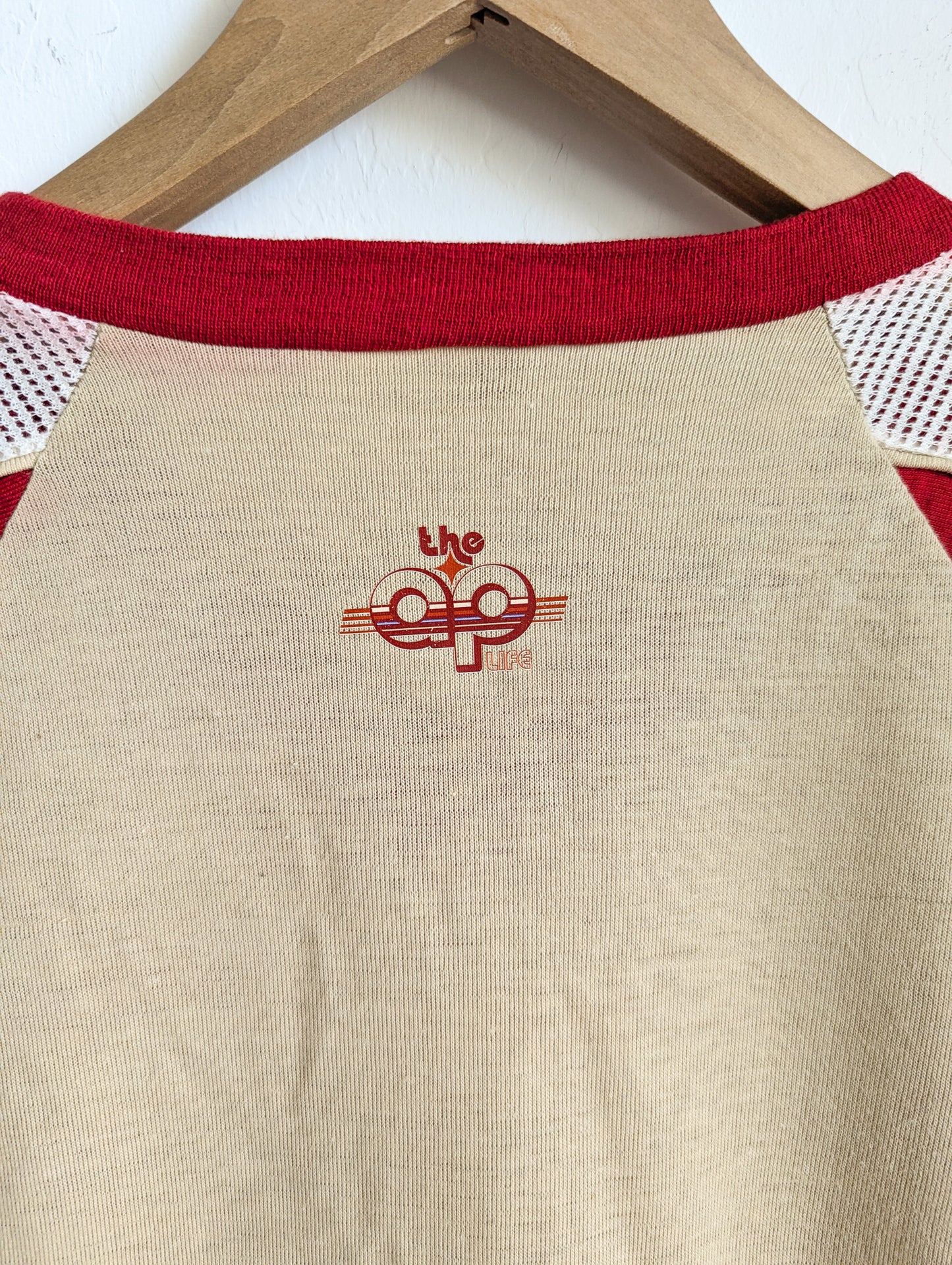 Scripting is Iconic - GLP - Adult Unisex VTG Beige & Red Jersey V-Neck Tee (S) - Repurposed Rebels
