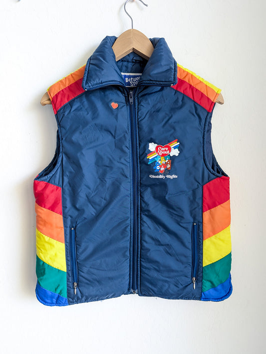 Care About Disability Rights - Adult Unisex VTG Rainbow Puffer Vest (S) - Repurposed Rebels
