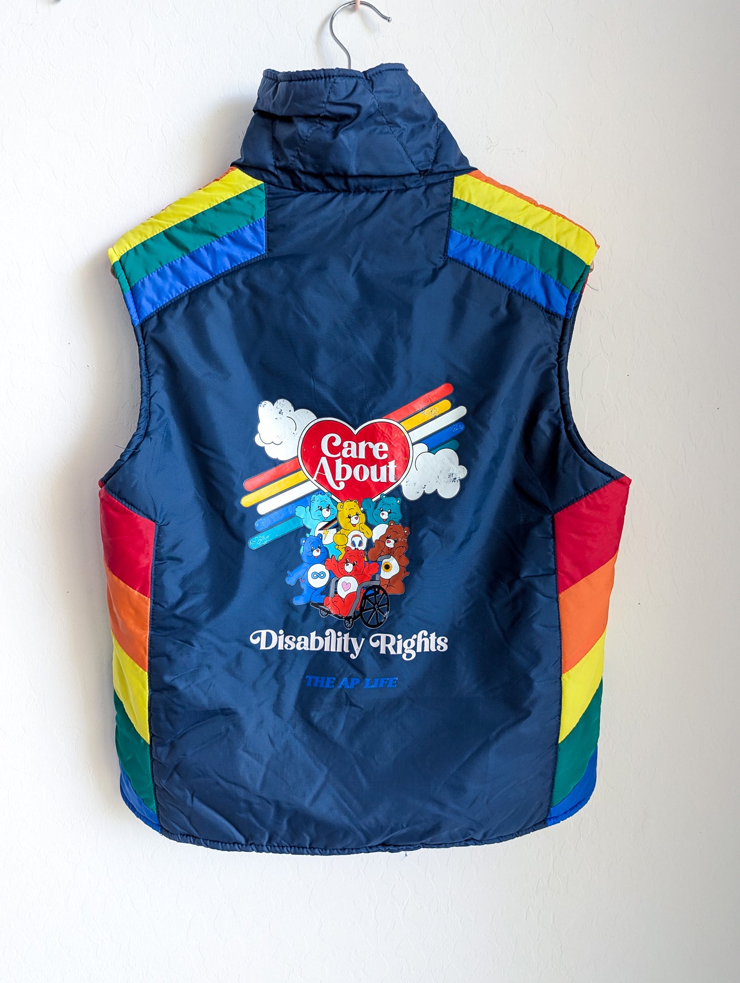 Care About Disability Rights - Adult Unisex VTG Rainbow Puffer Vest (S) - Repurposed Rebels