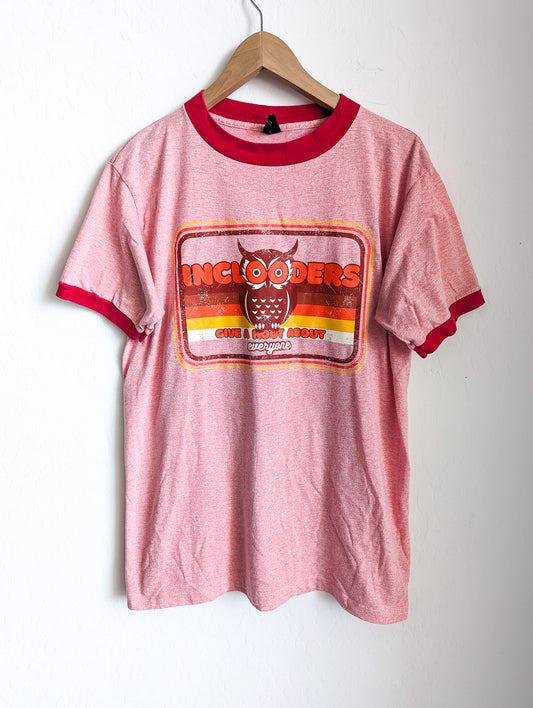 Inclooders Give a Hoot About Everyone - Adult Unisex VTG Ringer Tee (XL) - Repurposed Rebels