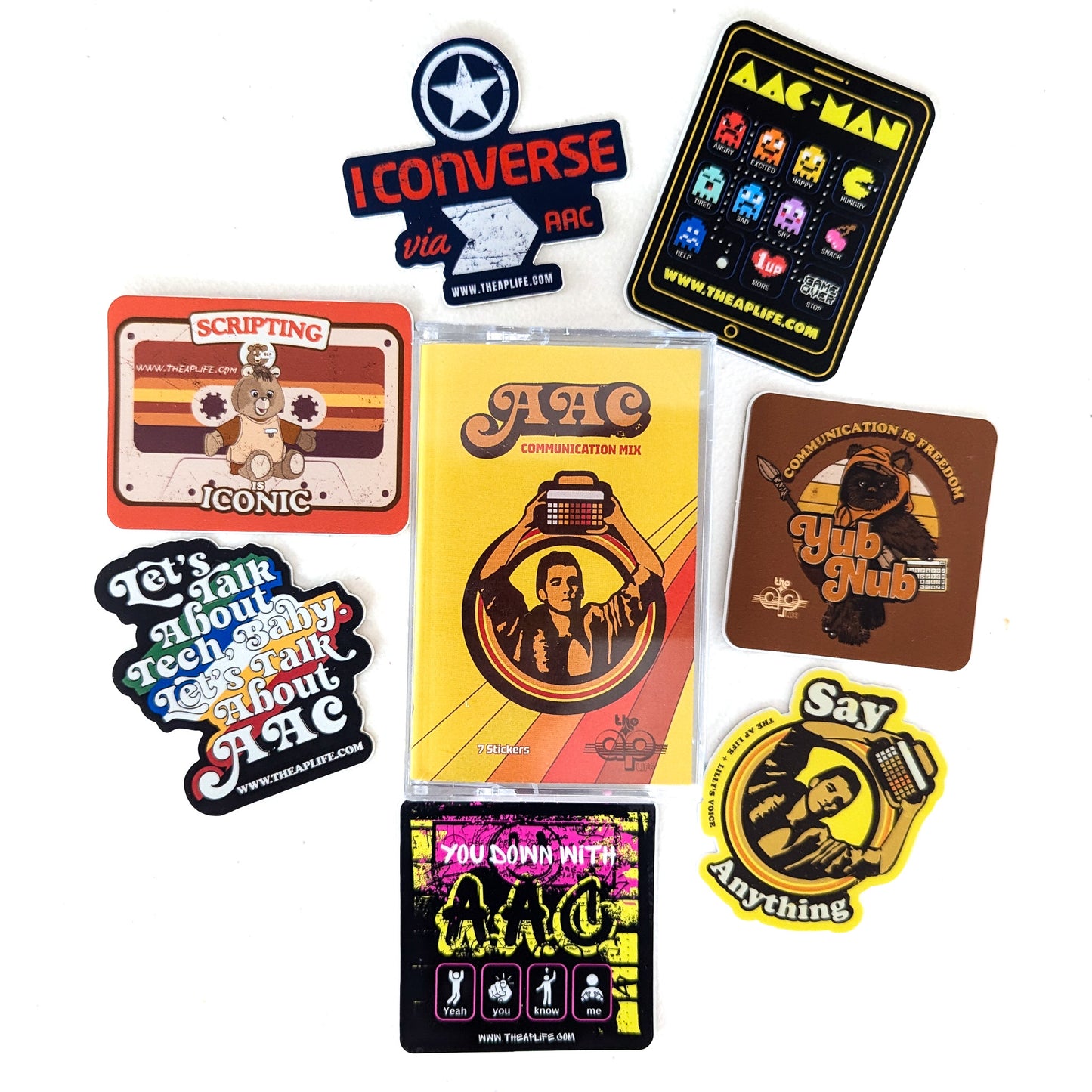 Say Anything - AAC Communication Mix - Lilly's Voice + The AP Life Collab - Cassette Tape Holder Sticker Pack (7 Vinyl Retro-Style Stickers)