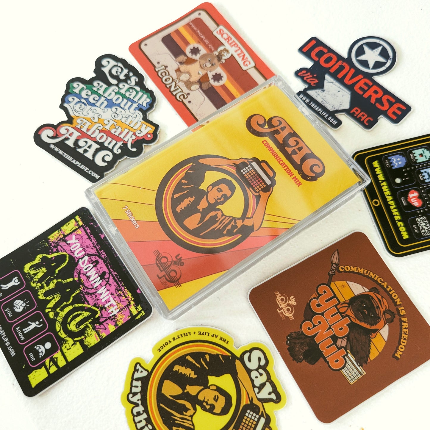Say Anything - AAC Communication Mix - Lilly's Voice + The AP Life Collab - Cassette Tape Holder Sticker Pack (7 Vinyl Retro-Style Stickers)