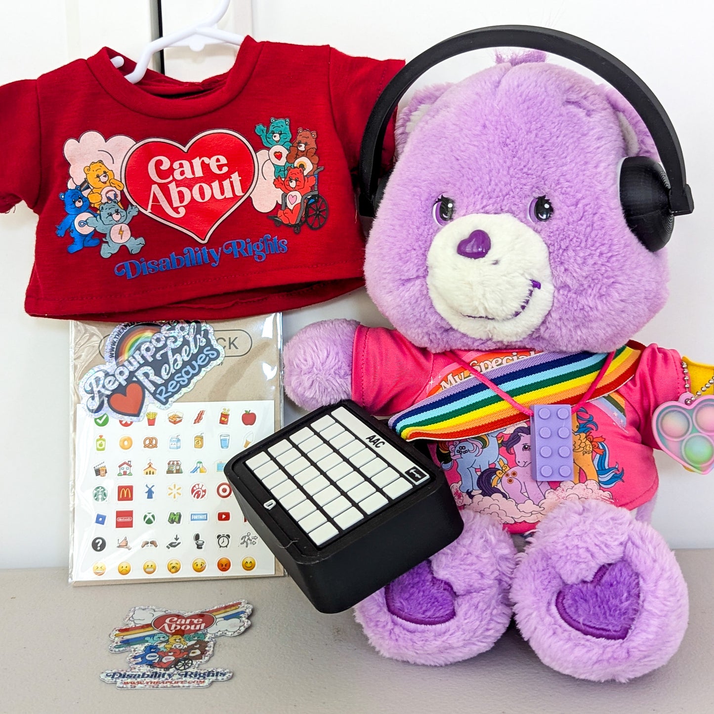 Adopt Share Bear Care Bear (2002) - Includes Clacky AAC - AAC Rainbow Strap - Headphones & Fidgets - RR Rescues