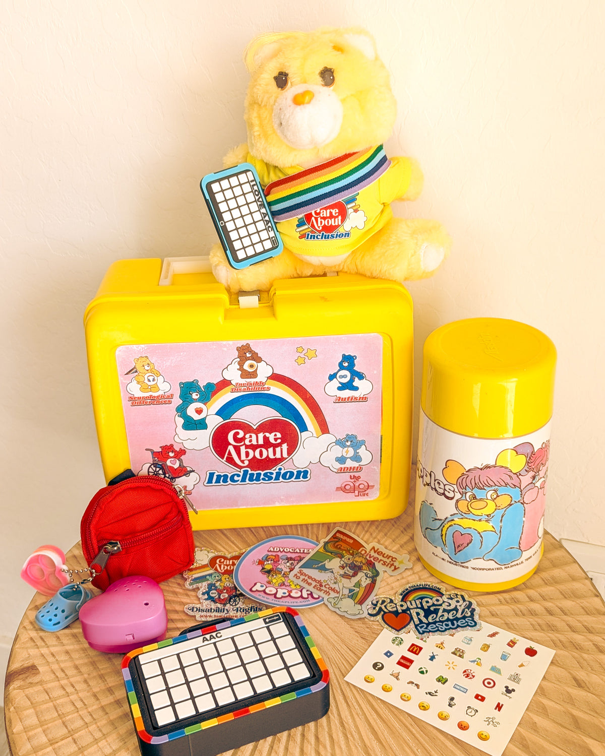 Adopt Funshine Bear in a Retro Lunch Box (1983 Miniature Care Bear) - With New & Secondhand Accessories
