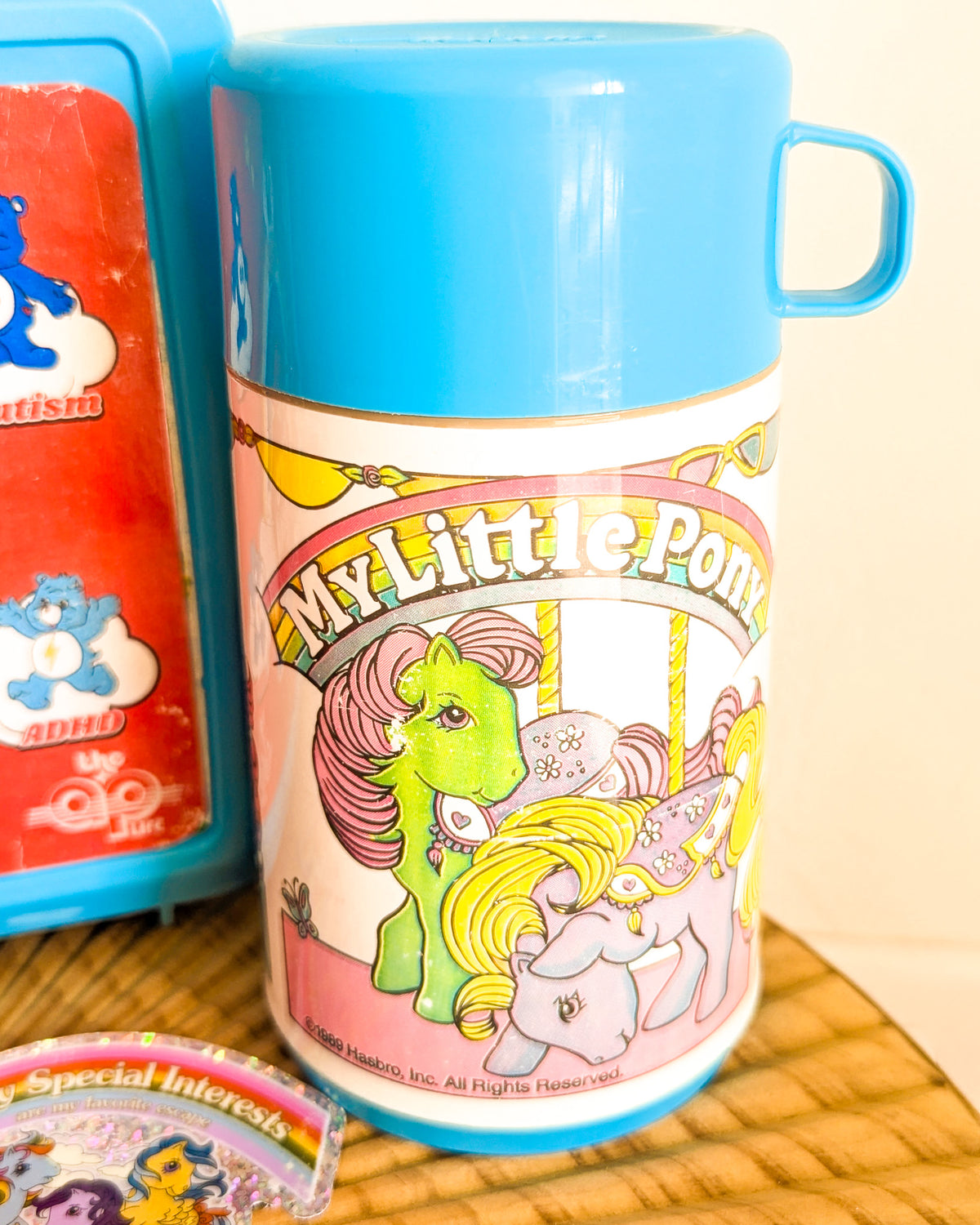 Adopt Grumpy Bear in a Retro Lunch Box (1983 Miniature Care Bear) - With New & Secondhand Accessories