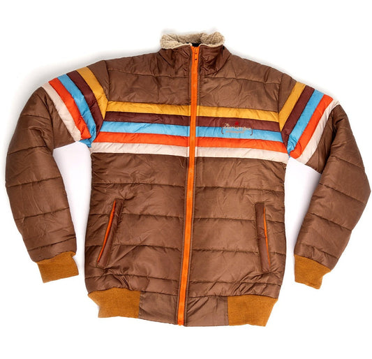 Retro 80s Style Women's Aviator Jacket Harvest Gold Earthy Brown Sky Blue Red & Cream 