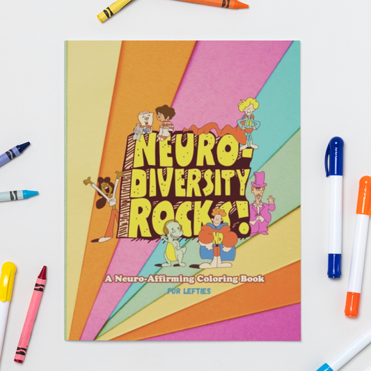 Colorful coloring book titled 'Neurodiversity Rocks!' with markers on a white background